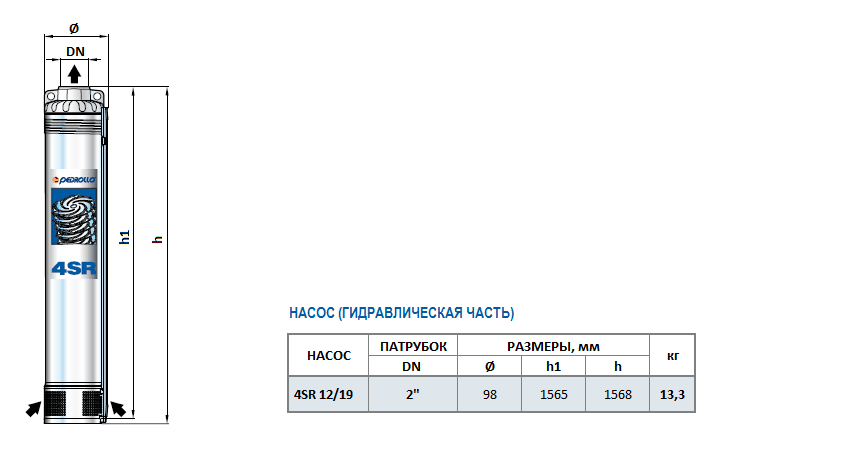 Габаритный чертеж насоса Pedrollo 4SR 12/19