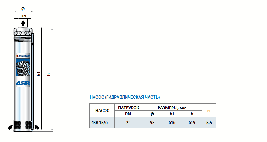 Габаритный чертеж насоса Pedrollo 4SR 15/6