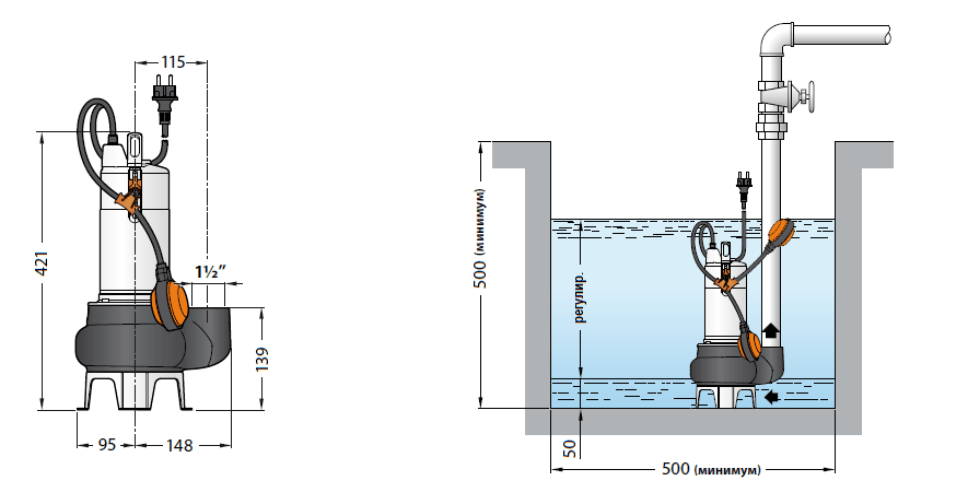 Габаритный чертеж и схема монтажа Pedrollo VX 15/35