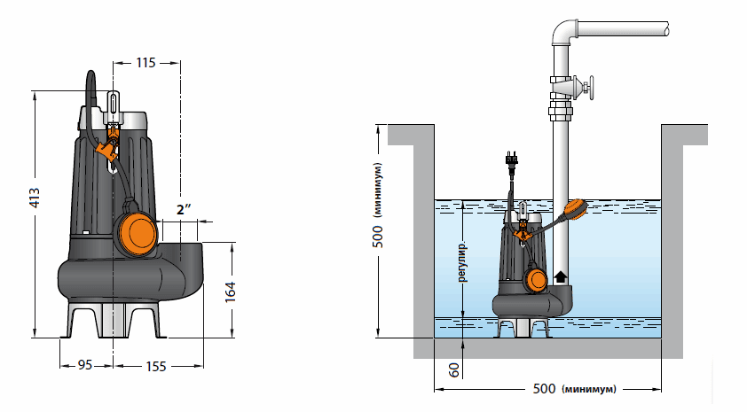 Габаритный чертеж и схема монтажа Pedrollo VXCm 10/45