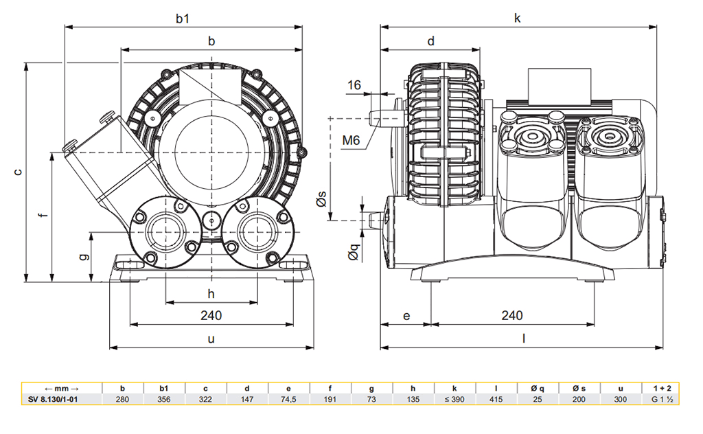 Габаритный чертеж воздуходувки SV 8.130/1-01