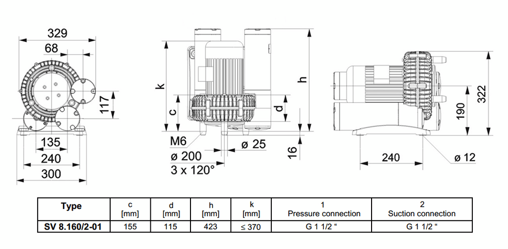 Габаритный чертеж воздуходувки SV 8.160/2-01