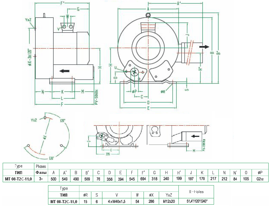 Габаритный чертеж воздуходувки MT 08-T2C-11,0