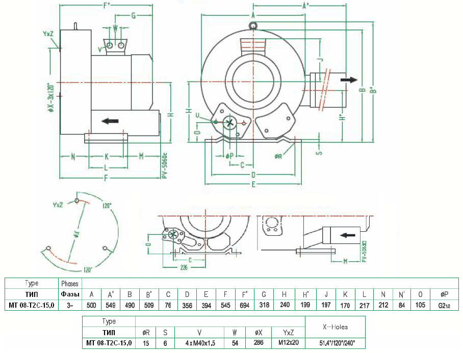 Габаритный чертеж воздуходувки MT 08-T2C-15,0
