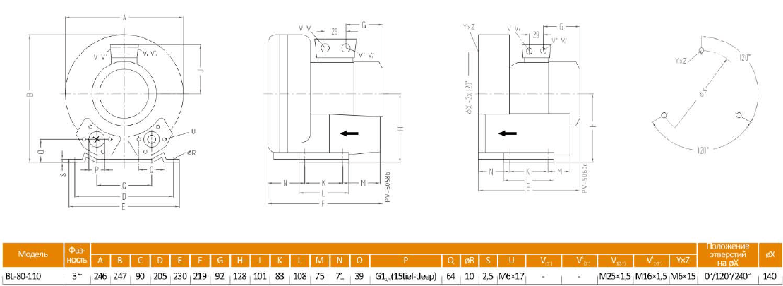 Габаритный чертеж воздуходувки BL-80-110_220в