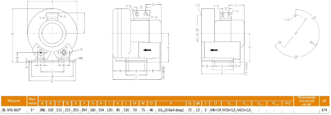 Габаритный чертеж воздуходувки BL-145-160_220в