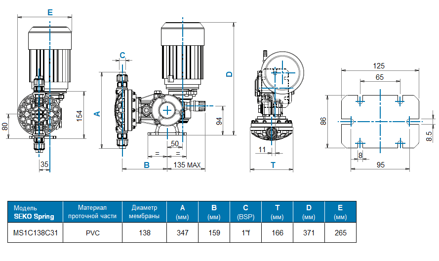 Габаритный чертеж насоса Seko Spring MS1C138C31