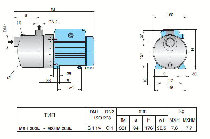 Габаритный чертеж насоса Calpeda MXHM 203E