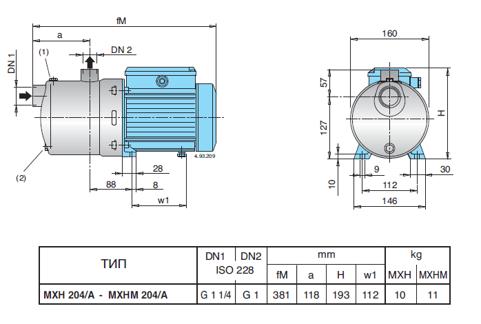 Габаритный чертеж насоса Calpeda MXHM 204/A