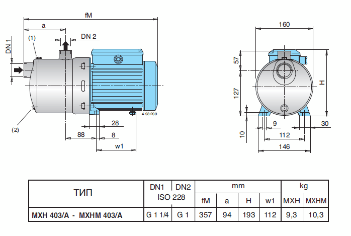 Габаритный чертеж насоса Calpeda MXH 403/A