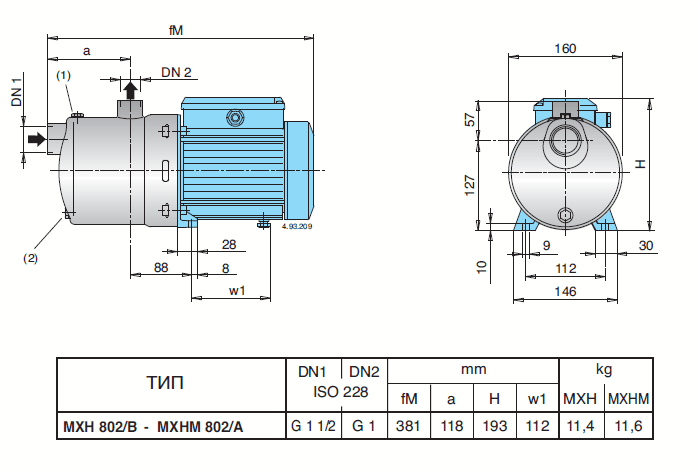 Габаритный чертеж насоса Calpeda MXH 802/B