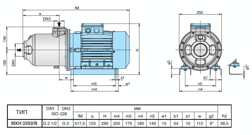 Габаритный чертеж насоса Calpeda MXH 3202/B