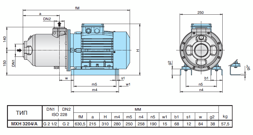 Габаритный чертеж насоса Calpeda MXH 3204/A