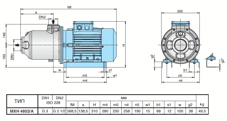 Габаритный чертеж насоса Calpeda MXH 4802/A