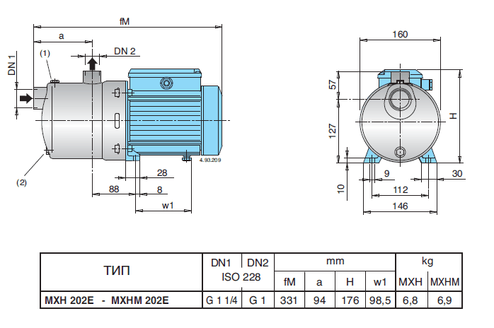 Габаритный чертеж насоса Calpeda MXHM 202E