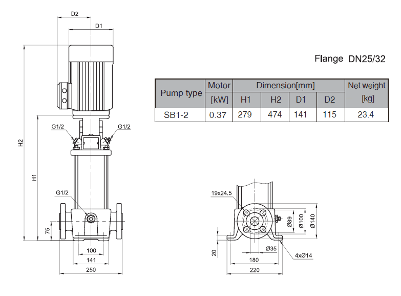 Габаритный чертеж насоса Stairs SB 1-2