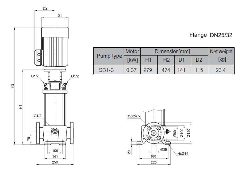 Габаритный чертеж насоса Stairs SB 1-3