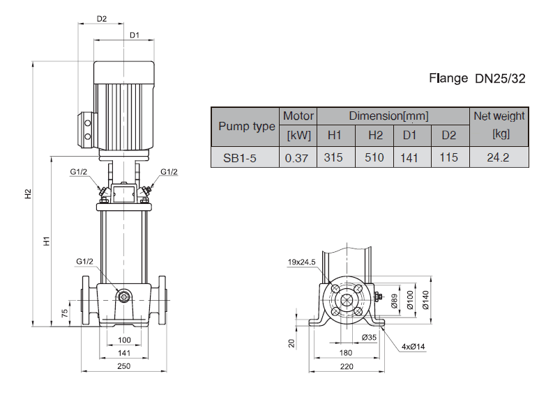Габаритный чертеж насоса Stairs SB 1-5