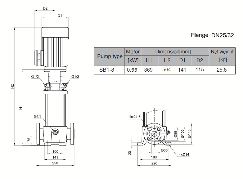 Габаритный чертеж насоса Stairs SB 1-8