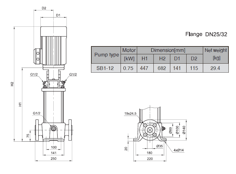 Габаритный чертеж насоса Stairs SB 1-12