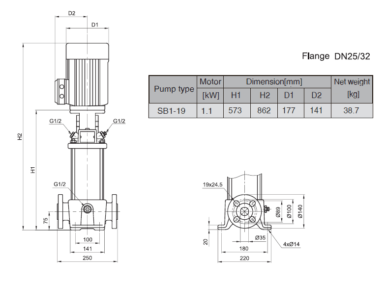 Габаритный чертеж насоса Stairs SB 1-19