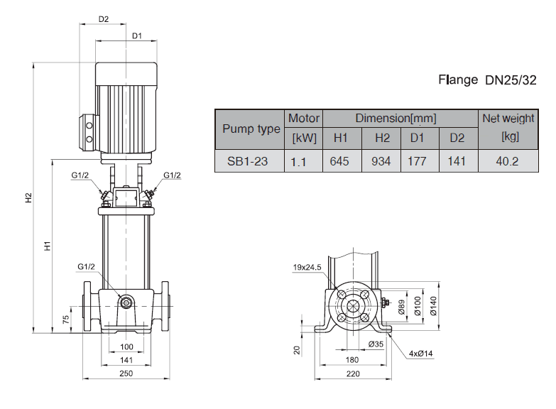 Габаритный чертеж насоса Stairs SB 1-23