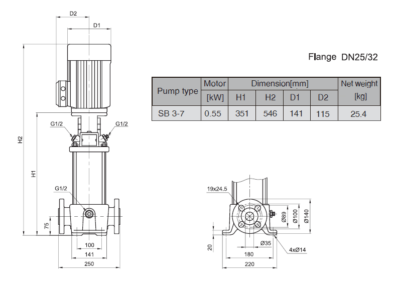 Габаритный чертеж насоса Stairs SB 3-7