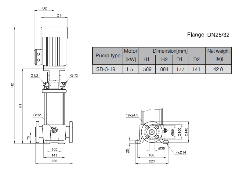 Габаритный чертеж насоса Stairs SB 3-19