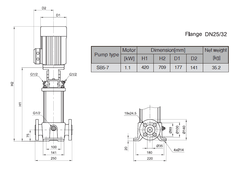 Габаритный чертеж насоса Stairs SB 5-7