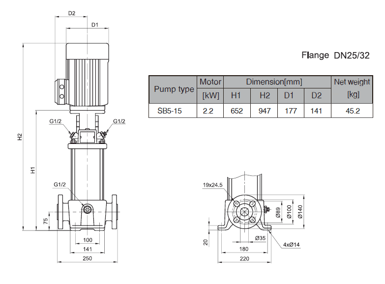 Габаритный чертеж насоса Stairs SB 5-15