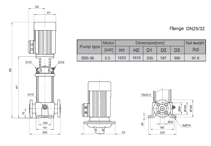 Габаритный чертеж насоса Stairs SB 5-36