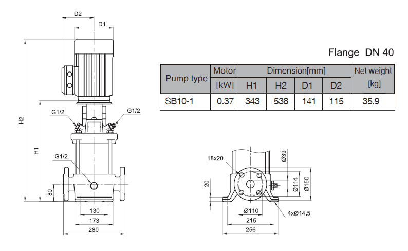 Габаритный чертеж насоса Stairs SB 10-1