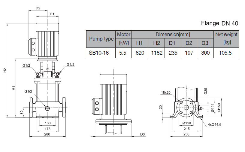 Габаритный чертеж насоса Stairs SB 10-16