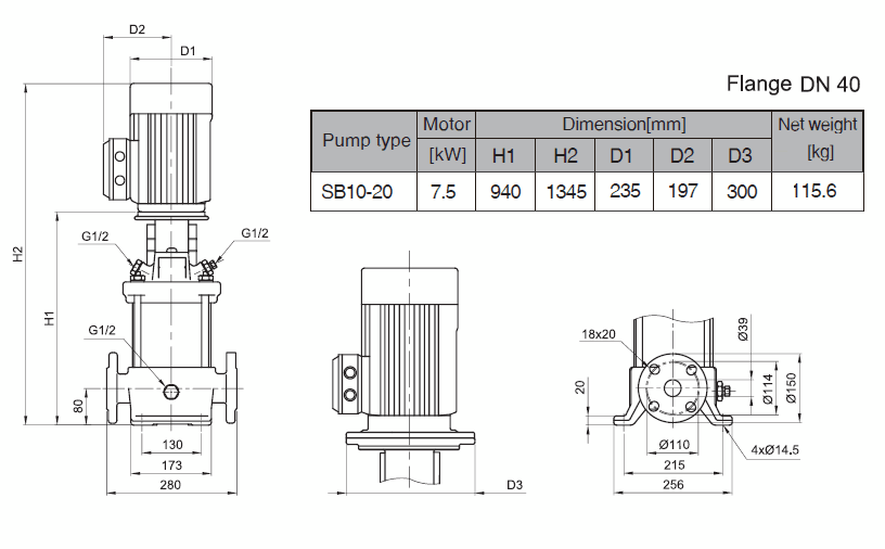 Габаритный чертеж насоса Stairs SB 10-20