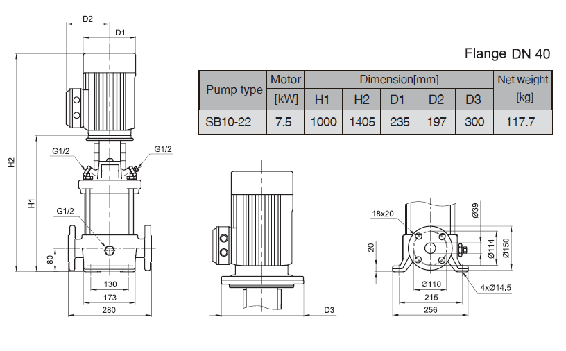 Габаритный чертеж насоса Stairs SB 10-22