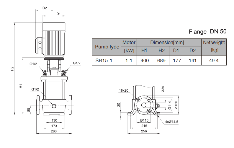 Габаритный чертеж насоса Stairs SB 15-1
