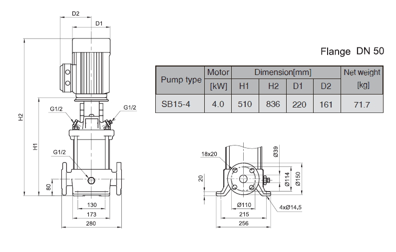 Габаритный чертеж насоса Stairs SB 15-4