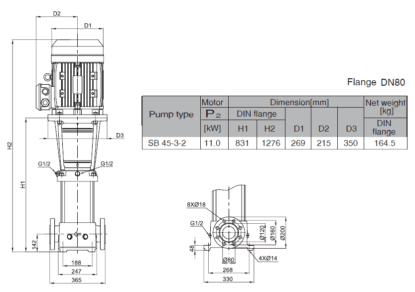 Габаритный чертеж насоса Stairs SB 45-3-2