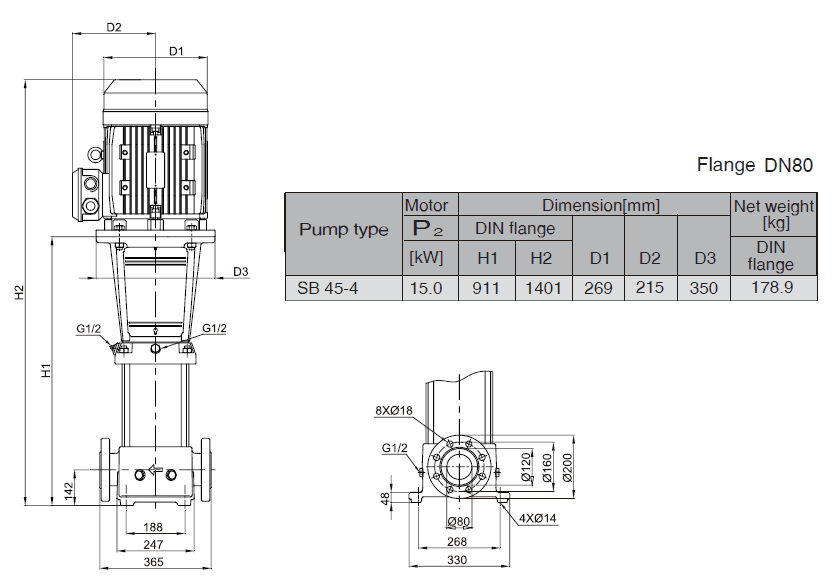 Габаритный чертеж насоса Stairs SB 45-4