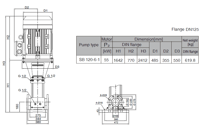 Габаритный чертеж насоса Stairs SB 120-6-1