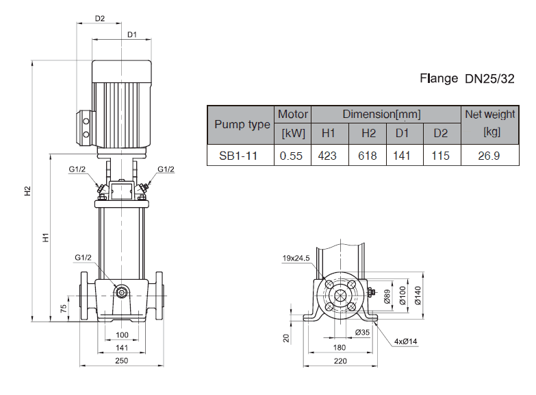 Габаритный чертеж насоса Stairs SB 1-11