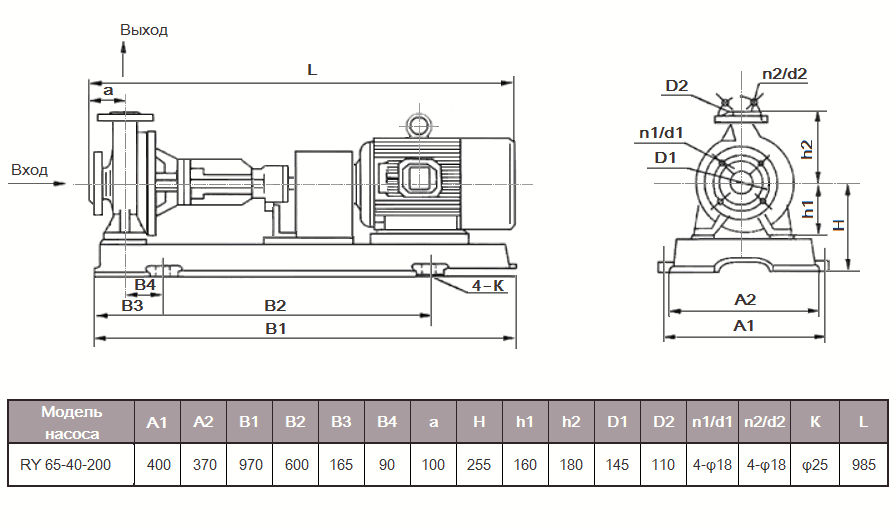 Габаритный чертеж насоса ZY Technology RY 65-40-200