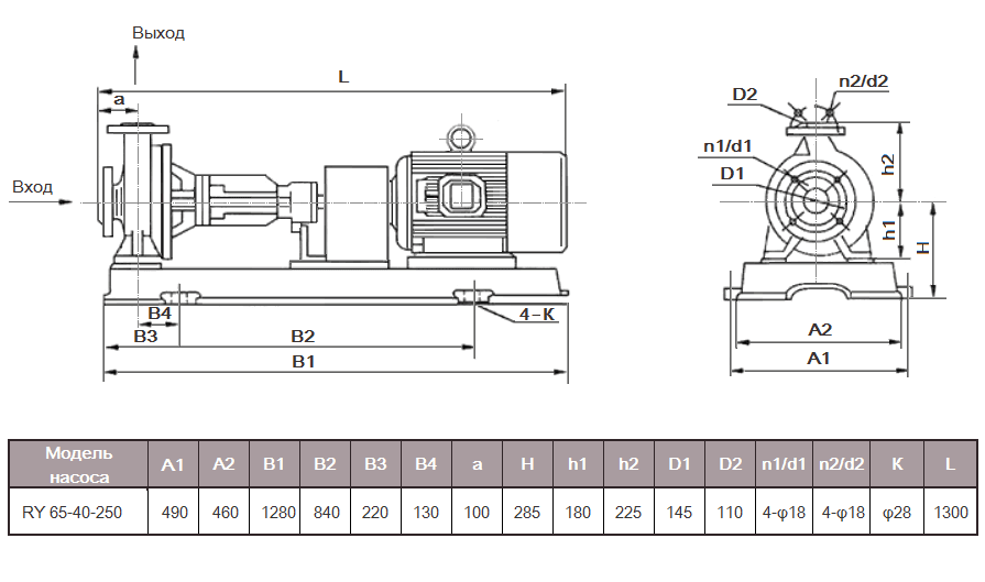 Габаритный чертеж насоса ZY Technology RY 65-40-250