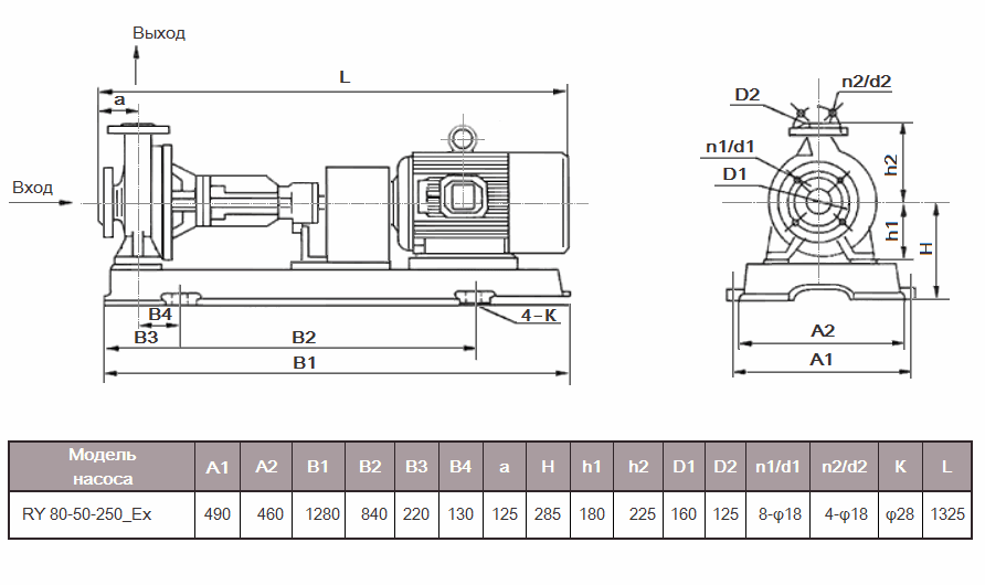 Габаритный чертеж насоса RY 80-50-250_Ex