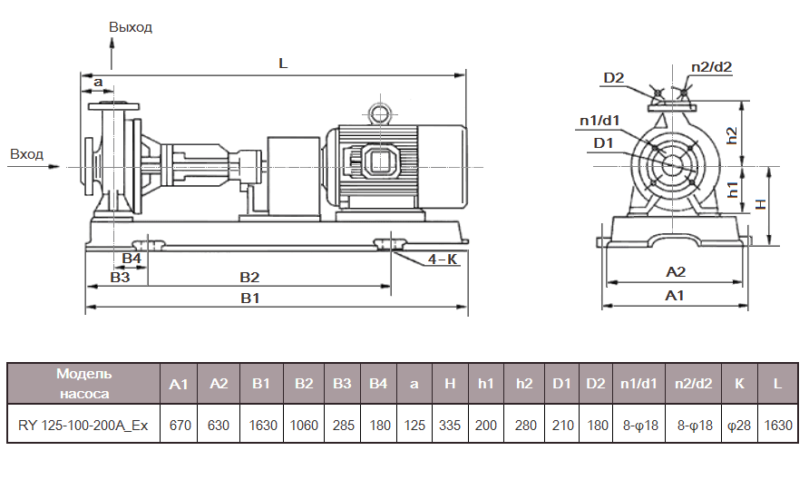 Габаритный чертеж насоса RY 125-100-200A_Ex