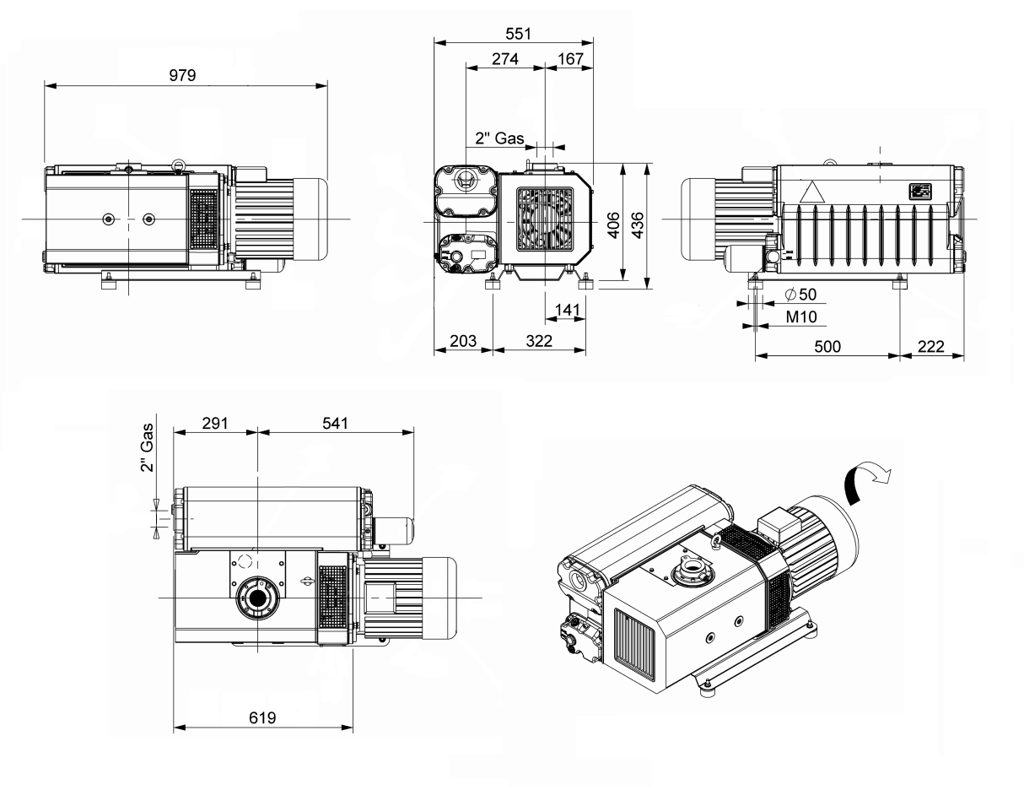 Габаритный чертеж масляного вакуумного насоса EU 300