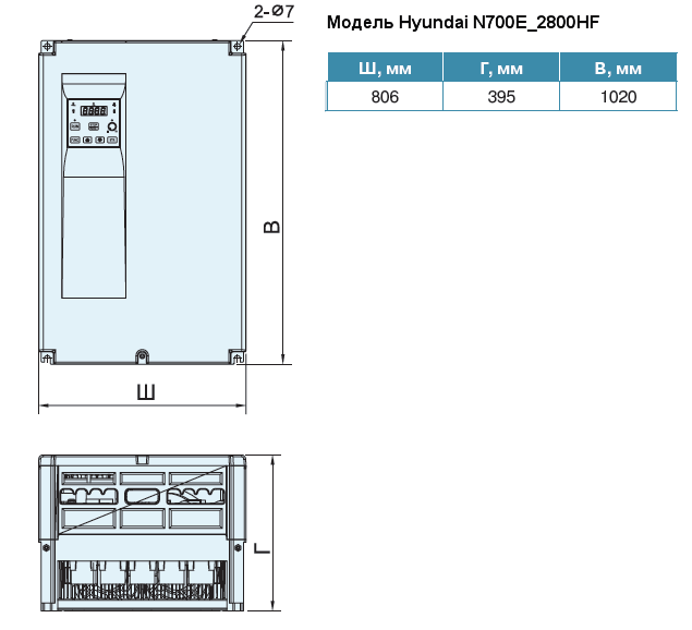 Габаритный чертеж преобразователя частоты Hyundai N700E_2800HF