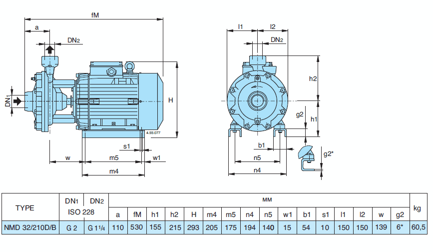 Габаритный чертеж насоса Calpeda NMD 32/210D/B