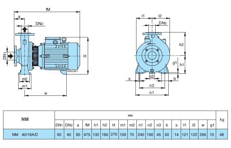 Габаритный чертеж насоса Calpeda NM 40/16A/C