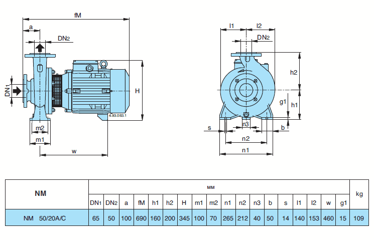 Габаритный чертеж насоса Calpeda NM 50/20A/C